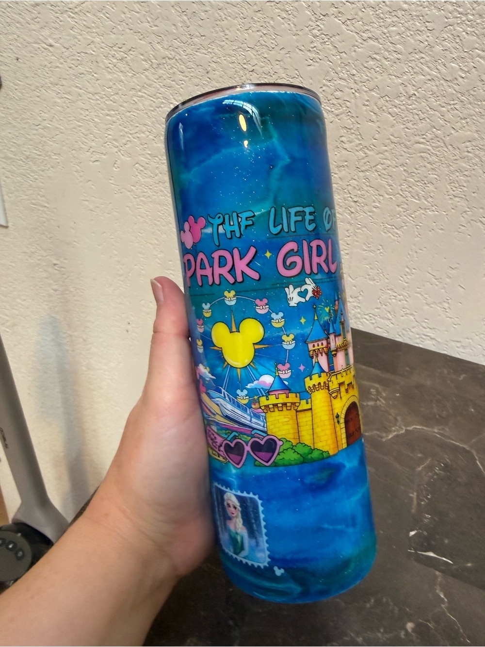 The Life of a Park Girl in My Disney Era Blue Glitter 20 oz Skinny Tumbler Cup